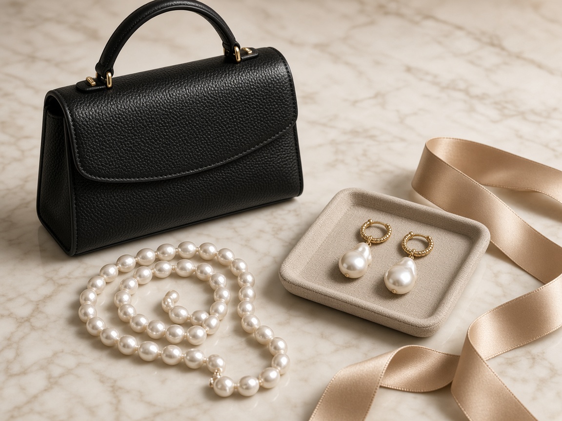 Handbags and pearls on the marble table